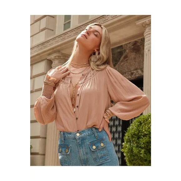 Ramy Brook Isla puff sleeve blouse button up peach boho designer size large L - Picture 2 of 8